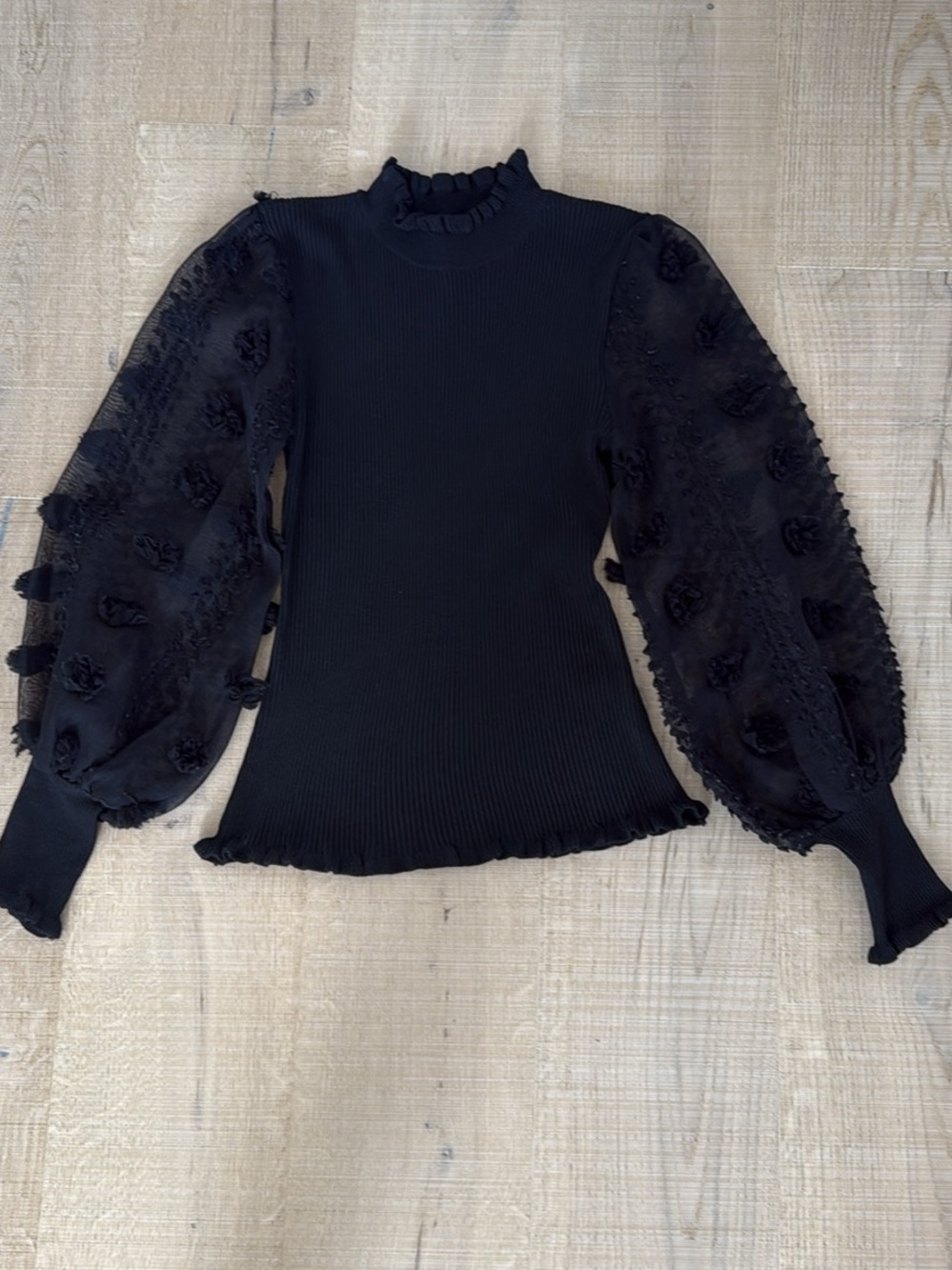 Almost Famous Black Ruffled Mock Neck Puff-Sleeve Knit Top